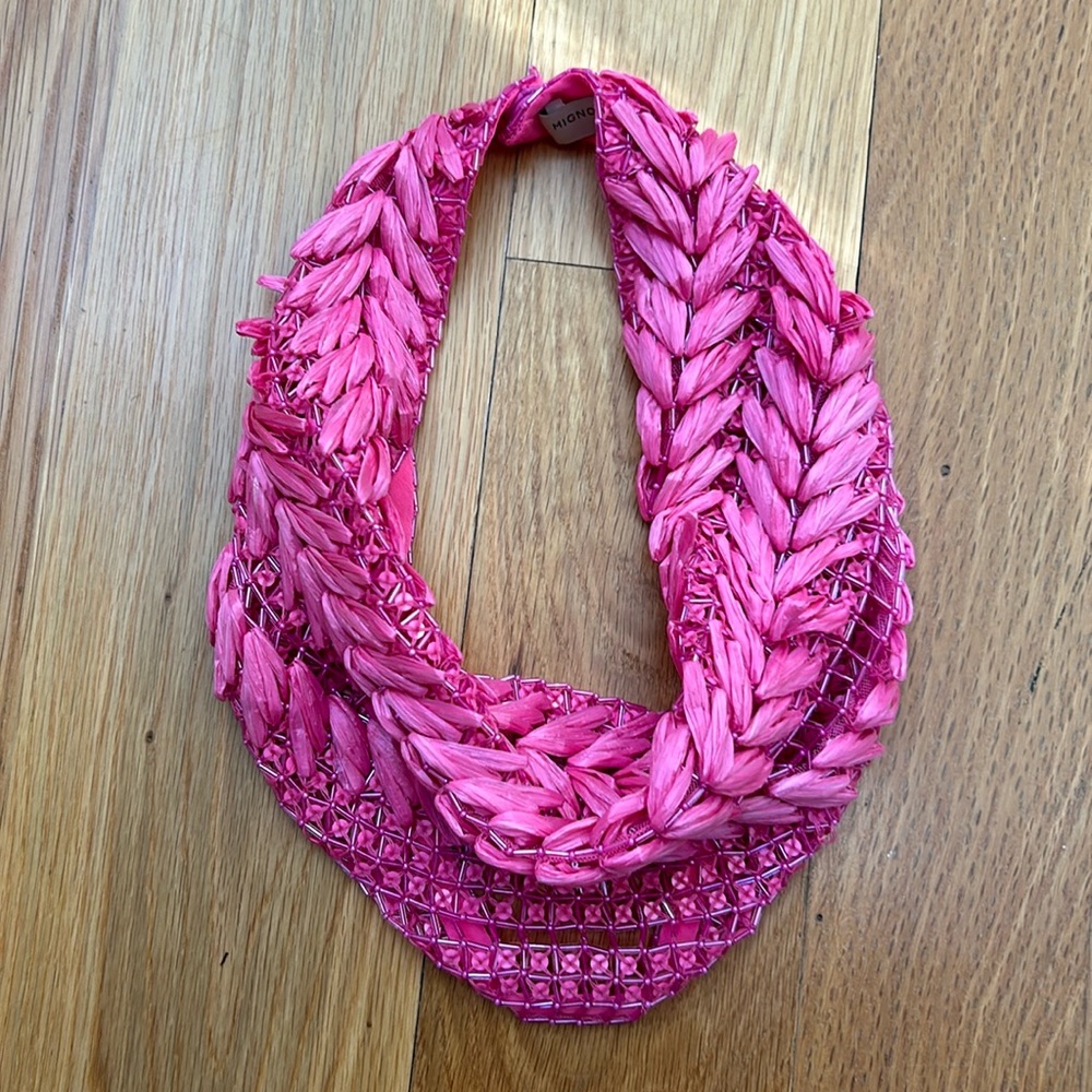 Mignonne Gavigan hot pink rattan/beaded scarf necklace